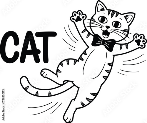 Cartoon cat with bow tie leaping with the word cat beside it in a black and white drawing