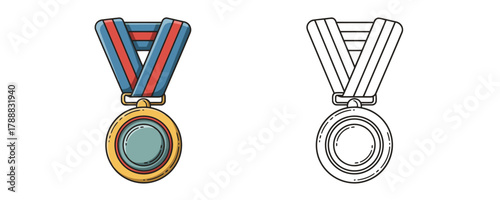 Shiny gold medal with red and blue ribbon for a winner in a competition and an outline template on white background, award ceremony concept