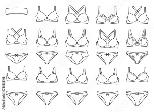 Women's lingerie and underwear assortment featuring outlined, contoured bras and panties, modern feminine intimate apparel, including female brassieres and panty sets, presented as a flat vector