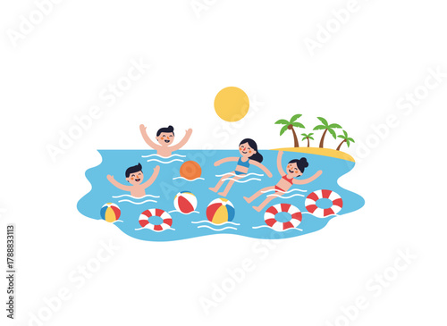 A flat vector illustration of a sea resort poster featuring people swimming and bathing on a summer beach, enjoying holiday recreation and relaxation on sand and water waves, designed as a vacation