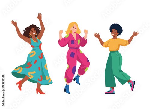 Joyful, enthusiastic girls dance at a party, celebrating with arms raised, while girlfriends enjoy a disco celebration in a flat vector illustration set against a white background