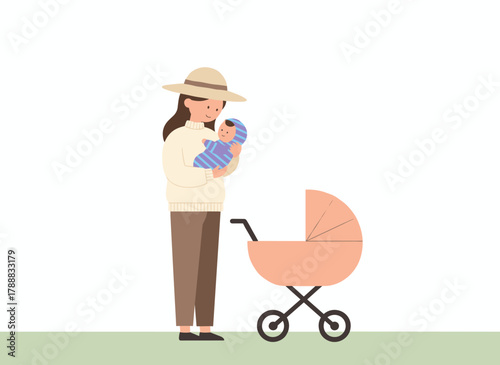 A joyful mother cradles her baby boy while strolling with a stroller, depicted in a flat vector illustration on a white background