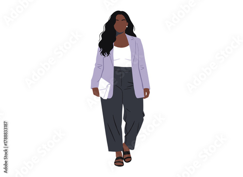 Contemporary businesswoman: a young, attractive plus‑size woman in stylish summer attire, depicted as a plump figure wearing a blazer in a flat vector illustration set against a white background