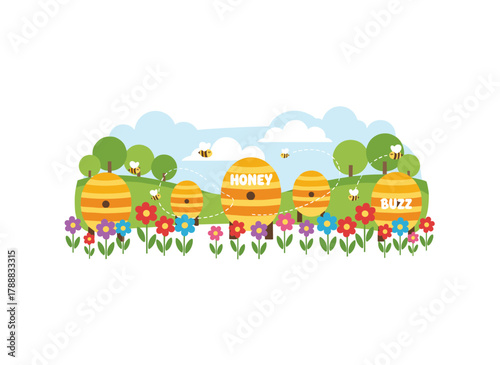 Flat vector illustration of an apiary featuring bee hives, flying honeybees, a summer rural countryside panorama with beehive boxes, a garden, and meadow flowers for pollination, depicting apiculture