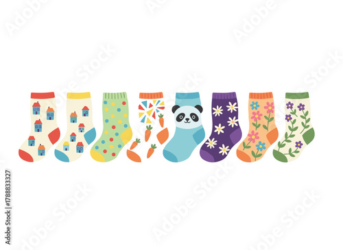 A set of stylish cotton and woolen socks featuring various drawings, patterns, and designs, presented as a collection of cute, trendy winter footwear isolated against a white background, rendered in