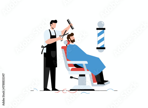 A cartoon illustration shows a barber applying foam and shaving a young man seated in a chair, with a humorous and charming vibe, depicting a groom getting ready for a wedding or celebration