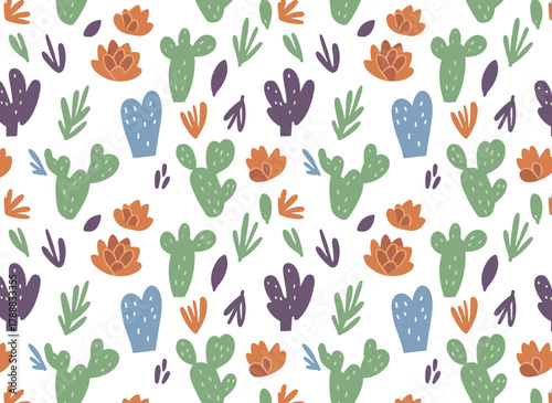 A seamless, creative floral pattern featuring an endless background of whimsical primitive flowers in a repeating print, with fancy naive blooms and texture design suitable for fabric and textiles