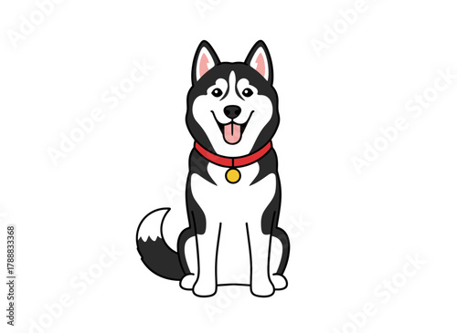 Flat vector illustration of a husky dog, a cute domestic pedigree puppy, embodying animal care and dogginess; a playful Malamute breed pooch, groomed and collar‑adorned, isolated on a white