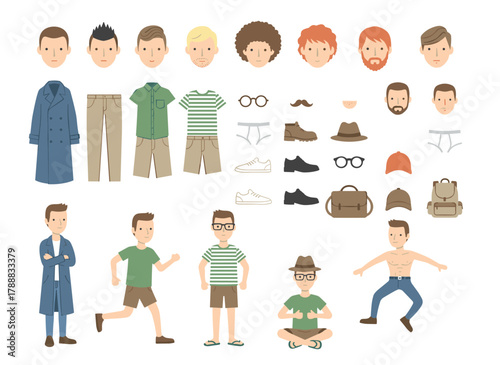A stylish middle-aged male builder or DIY kit, featuring a set of cartoon character body parts, facial expressions, gestures, clothing, and accessories isolated on a white background, rendered as a