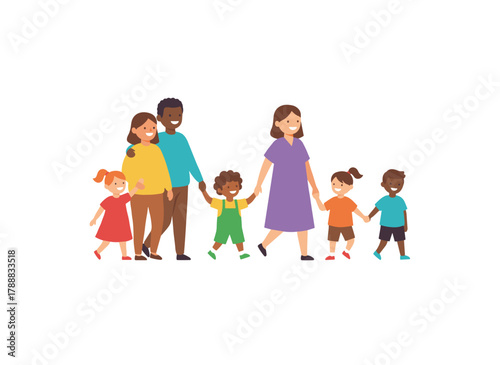 A colorful flat cartoon vector illustration of a diverse group of smiling boys and girls standing together on a white background