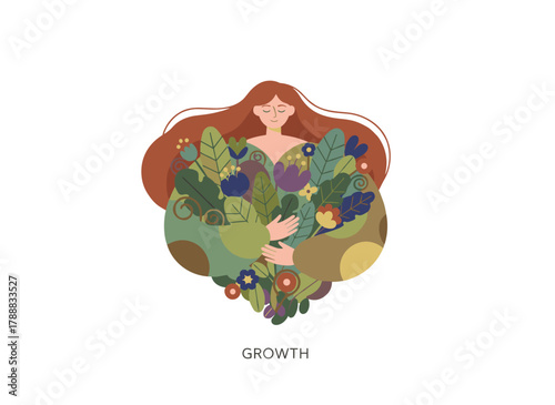 Illustration of a woman experiencing peace and tranquility amid healing garden plants, symbolizing self‑love, mental health recovery, rehabilitation, and inner world development, presented as a flat
