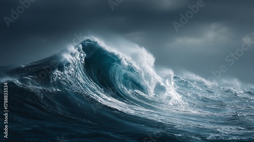 Fototapeta Naklejka Na Ścianę i Meble -  Powerful ocean wave crashing dramatically under a stormy sky, conveying raw nature's force and immense energy.
