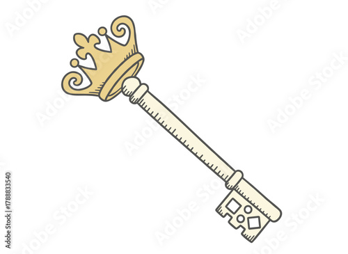 An antique door key adorned with a king’s crown, depicted in a retro black‑and‑white outlined style, a Victorian royal ornament forged from ancient metal, presented as a standalone hand‑drawn vector