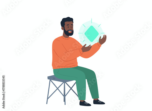 A happy, inspired man discovers and invents creative ideas, brilliant solutions, and answers, depicted as a flat vector illustration on a white background
