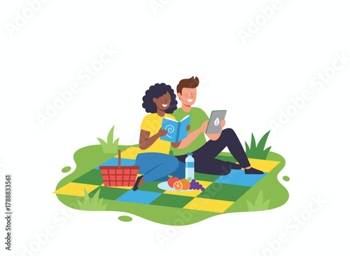 Women friends reading books outdoors, relaxing in nature over a summer weekend; girls bookworms resting with fiction novels during leisure time on holiday, depicted as a flat vector illustration on a
