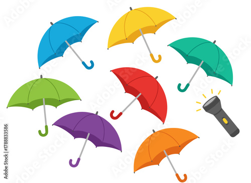 Set of open, closed, and folded umbrellas for rain protection, featuring various handle designs and types, presented as flat vector illustrations on a white background