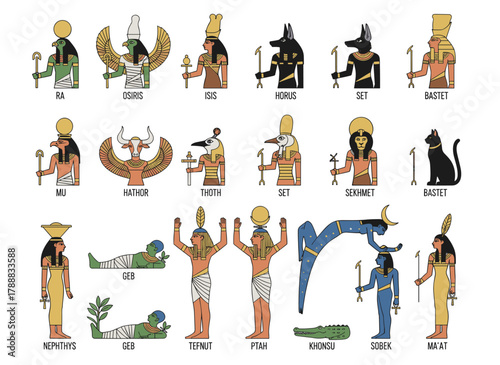 A collection of Egyptian deities, including Osiris, Horus, Ra, Sobek, and Thoth, depicted in a colored flat vector illustration against a white background