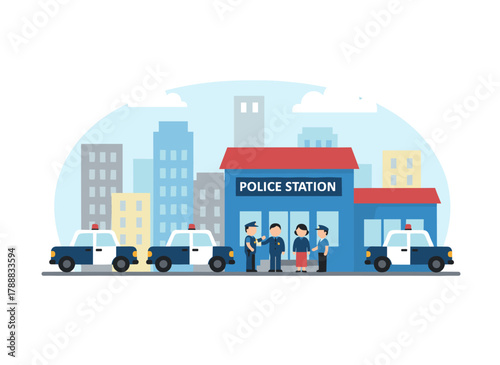 Exterior view of a police station featuring patrol cars and officers, alongside a city investigation bureau with officers outside, depicted in a flat vector street panorama of the detective