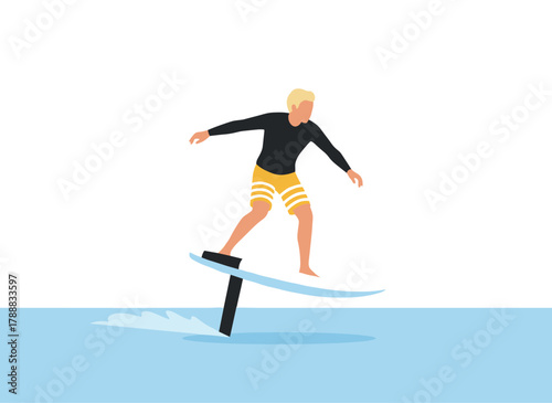 Illustration of a lively male surfer smiling in swimwear, standing on a surfboard in the sea, riding a wave during the extreme sports season, depicted in a flat vector style against a white