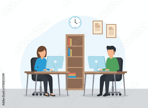 Young male and female police officers seated at desks, investigating crimes and working on computers in a criminal investigation office, depicted as flat cartoon characters in vector illustration