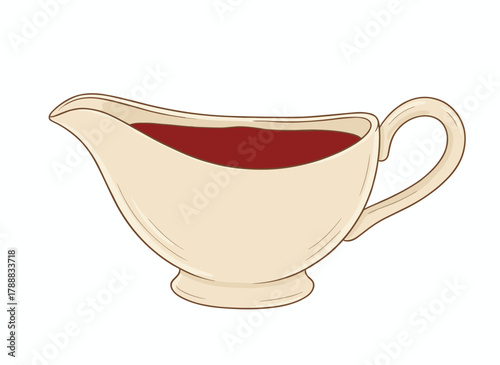 A red tomato or ketchup sauce is placed in a ceramic sauceboat with a handle, while cranberry or barbecue gravy is served in a boat-shaped pitcher, all illustrated in a colored realistic hand‑drawn