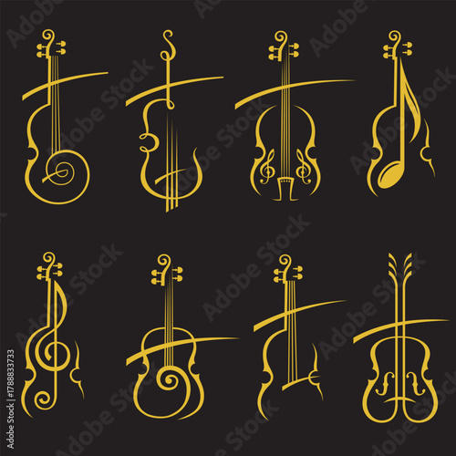 collection with golden illustrations of violin isolated on black background