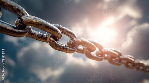 Powerful metallic chain links forged strong against a dramatic sky, symbolizing unbreakable connections and resilience
