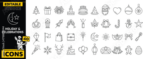 Holiday and celebration Icon set. Collection of editable stroke icons featuring various festive elements and symbols. Vector illustration