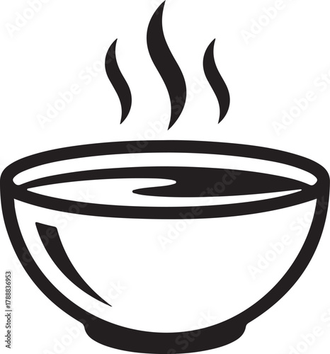 Steaming bowl icon, hot soup symbol, comfort food graphic, warm meal vector, simple minimalist drawing for restaurant menu designs.