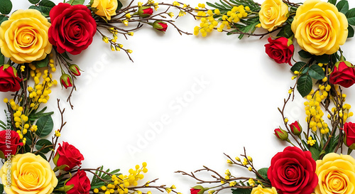 Elegant floral frame of vibrant red and yellow roses with delicate yellow mimosa flowers and branches on a white background