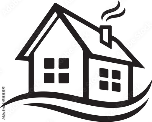 Stylized house icon with chimney smoke and a wavy foundation, representing home, real estate, property, housing, and shelter concepts.