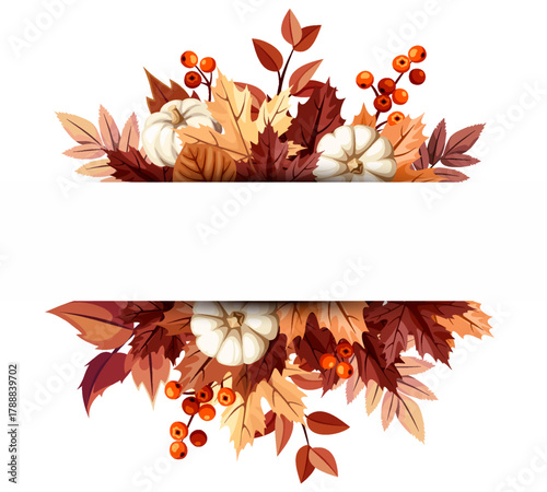 Autumn banner with orange, brown, and beige fall leaves and white pumpkins. Vector autumn card design