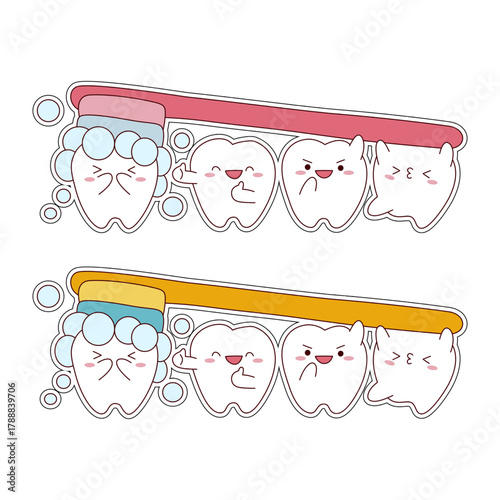 Happy teeth brushing routine with cartoon toothbrushes