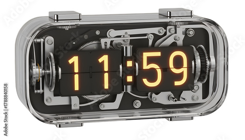 A detailed vintage-style mechanical flip clock with exposed gears and a transparent case, showing the final minute of 1159, isolated on a clean transparent background