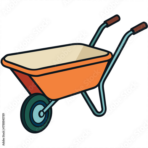 Colorful Two Wheeled Garden Cart with Orange Basin Keywords: wheelbarrow, garden cart, two wheel, colorful