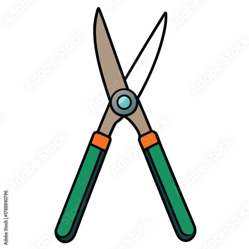 Cartoon Garden Shears with Green Handles and Orange Accents on White Background hedge trimmer pruning shears