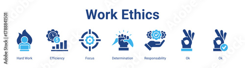 Work Ethics web banner icon vector illustration concept featuring Hard Work, Efficiency, Focus, Determination, Responsability, Ok and Ok in a collection set.