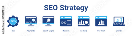 Seo Strategy web banner icon vector illustration concept featuring Seo, Keywords, Search Engine, Backlink, Analysis, Bar Chart and Growth in a collection set.