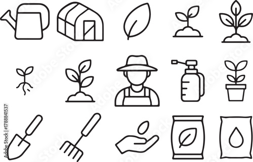 Gardening and farming flat line icons set illustrating agricultural tools, plant growth stages, a farmer and greenhouse.