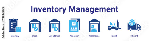 Inventory Management web banner icon vector illustration concept featuring Inventory,Stock,Out Of Stock,Allocation,Warehouse,Forklift and Efficient in a collection set.