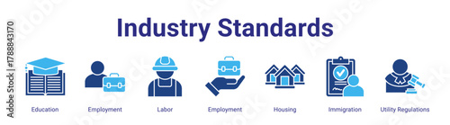 Industry Standards web banner icon vector illustration concept featuring Education,Employment,Labor,Employment,Housing,Immigration and Utility Regulations in a collection set.