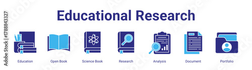 Educational Research web banner icon vector illustration concept featuring Education,Open Book,Science Book,Research,Analysis,Document and Portfolio in a collection set.