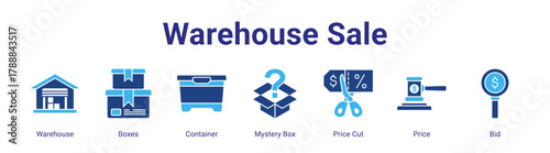 Warehouse Sale web banner icon vector illustration concept featuring Warehouse,Boxes,Container,Mystery Box,Price Cut,Price and Bid in a collection set.