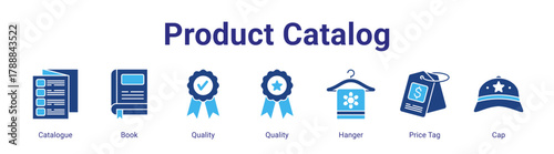 Product Catalog web banner icon vector illustration concept featuring Catalogue,Book,Quality,Quality,Hanger,Price Tag and Cap in a collection set.