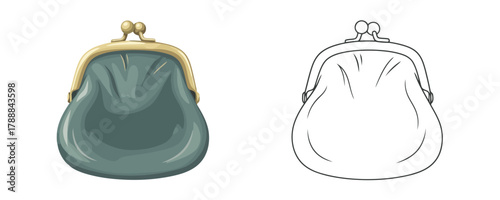 Vintage green fabric coin purse with gold kiss lock closure and a black and white outline template on white background, money and payment concept