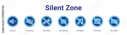 Silent Zone web banner icon vector illustration concept featuring Silence,No Sound,No Noise,No Talking,No Music,No Photo and No Video in a collection set.