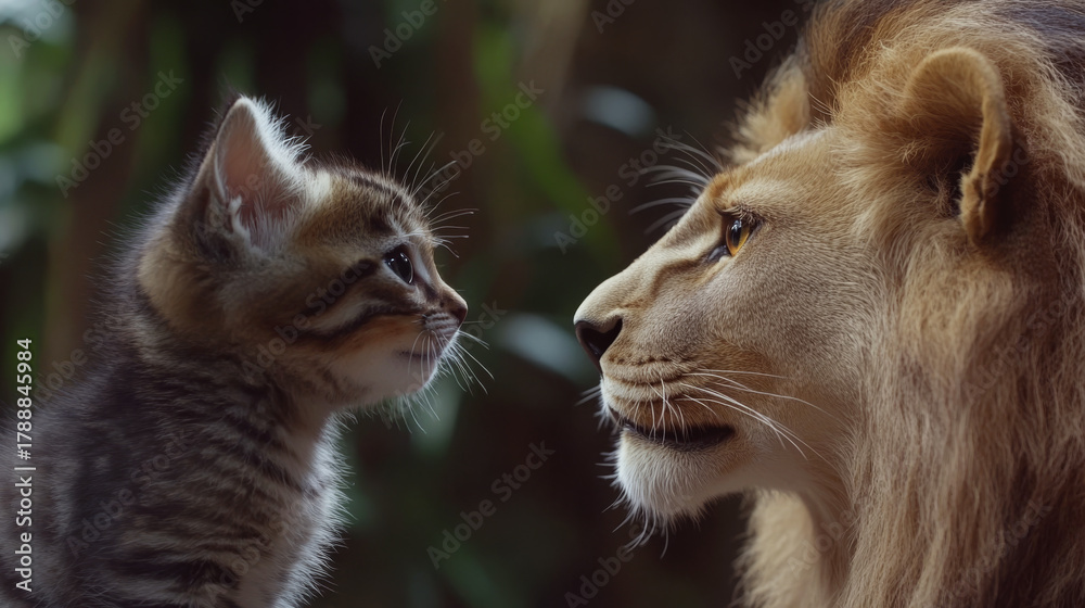Fototapeta premium Kitten and lion face each other against a natural backdrop. Concept of innocence meeting strength. For illustrating contrast or harmony in nature.