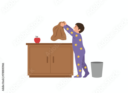 A child is at risk in the home kitchen, playing alone with a knife; the toddler faces safety hazards and an accident risk, depicted as a flat vector illustration on a white background