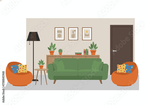 Illustrated in a flat style, a modern living room interior brimming with cozy furniture and home décor, featuring a comfy couch, armchairs, coffee table, house plants, floor lamp, and wall pictures