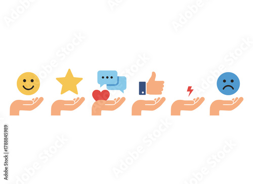 Flat vector illustration on white background showing a speech bubble, heart, and emoji held in hands, illustrating communication concepts like giving feedback, sharing opinions, commenting, and